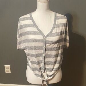 SO Gray and White Button Down Short Sleeve Tie Front Top